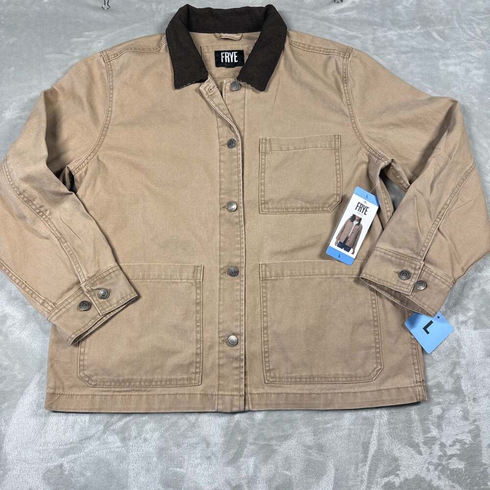 Frye NEW Womens Jacket Lg Brown/Tan Canvas Corduroy Collar Button Pockets Cotton